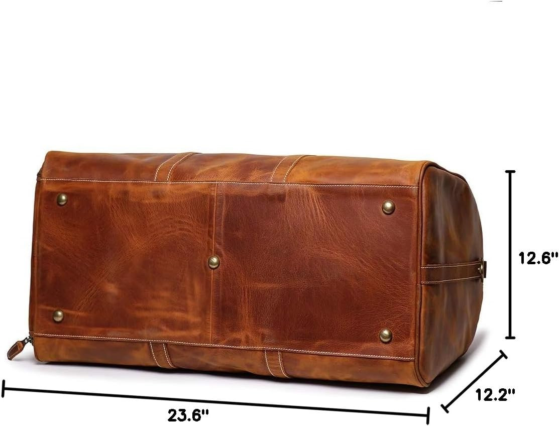24″ Leather Weekender Bag with Shoe Compartment,Classic Mens Leather Travel Duff