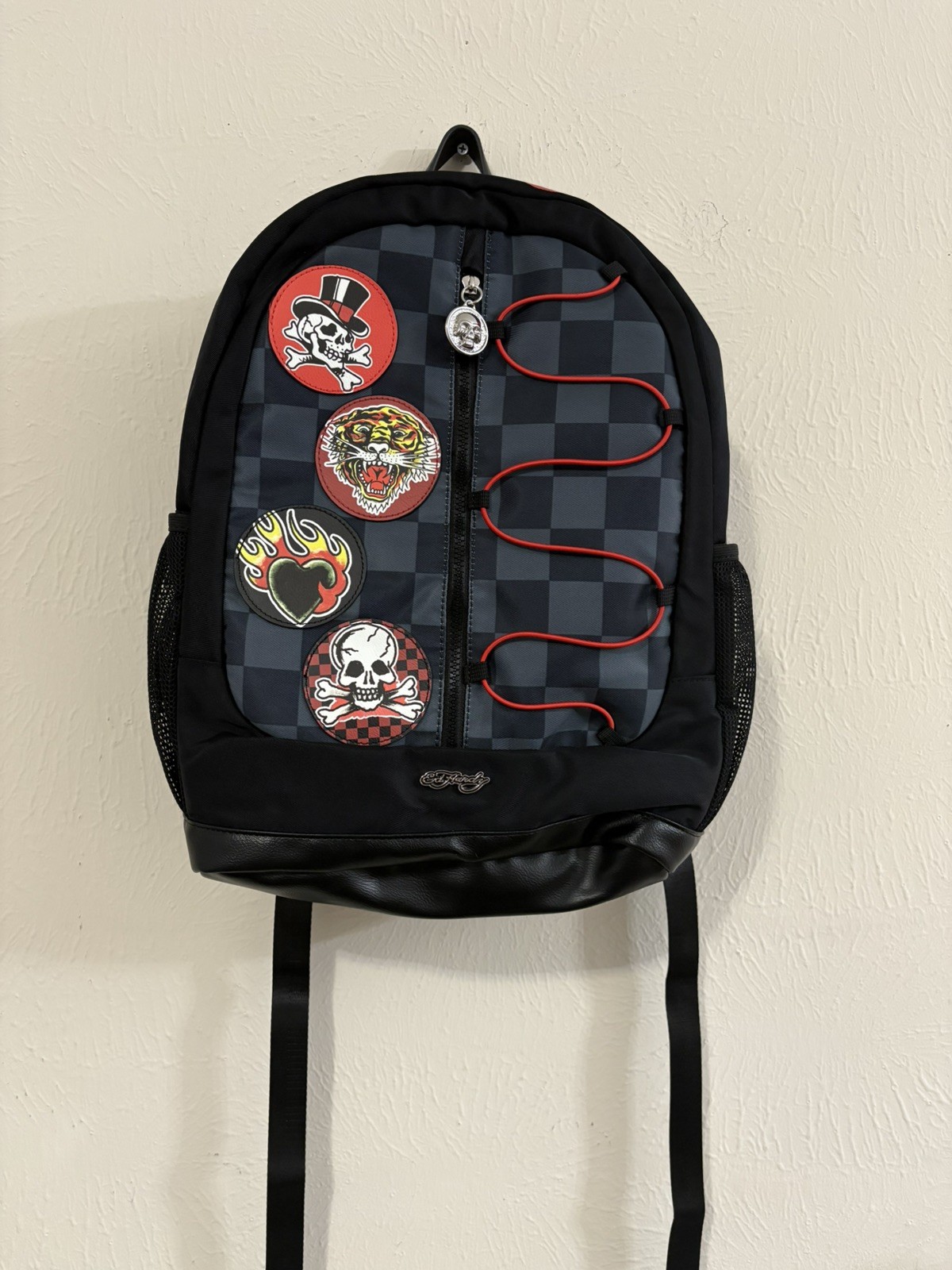 Ed Hardy Tattoo Patch Backpack Skull Tiger Flame Print Black Gray Checkered NWT