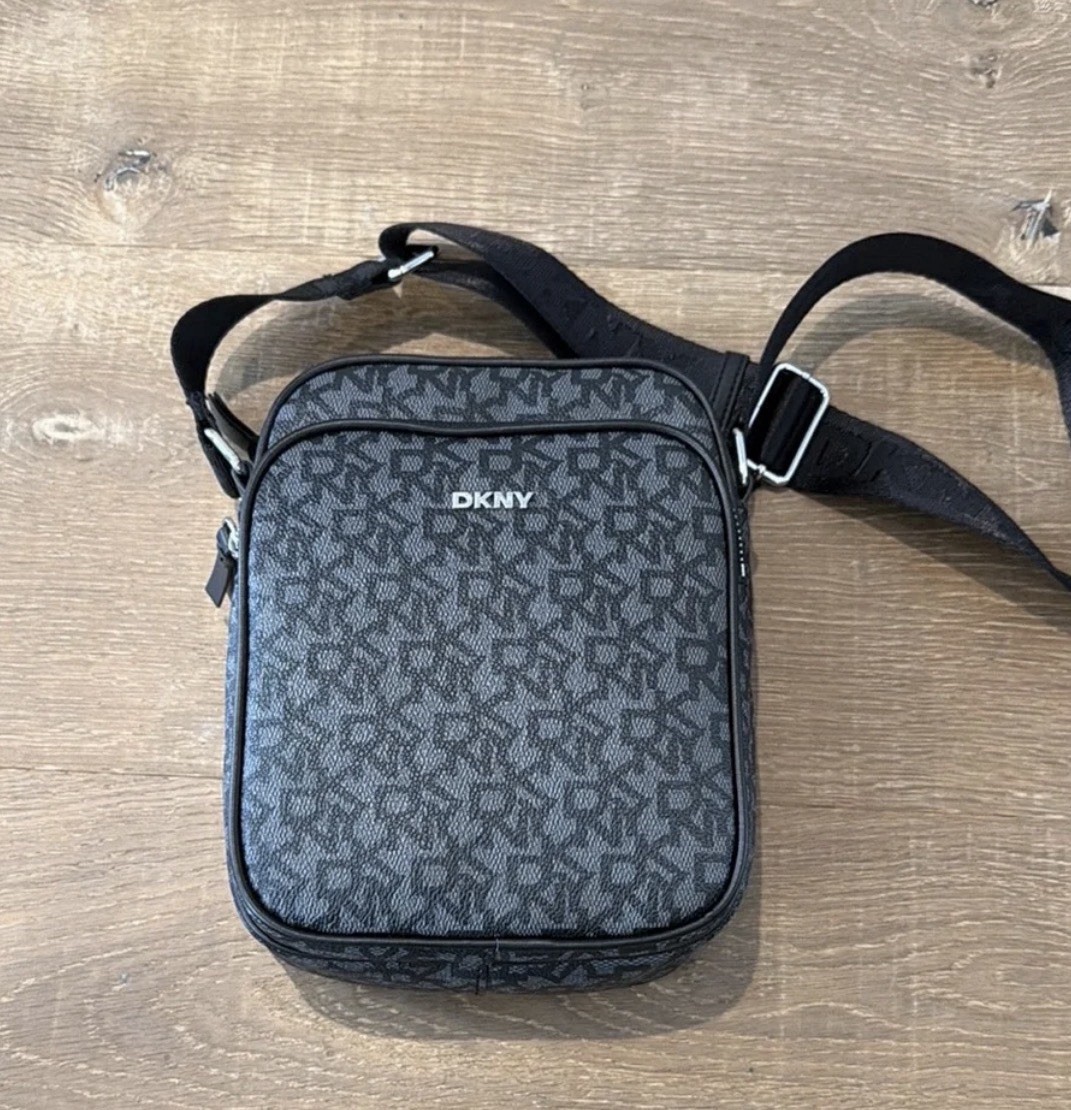 DKNY Men’s Monogram Crossbody Bag Small Black Gray Zip Adjustable Strap