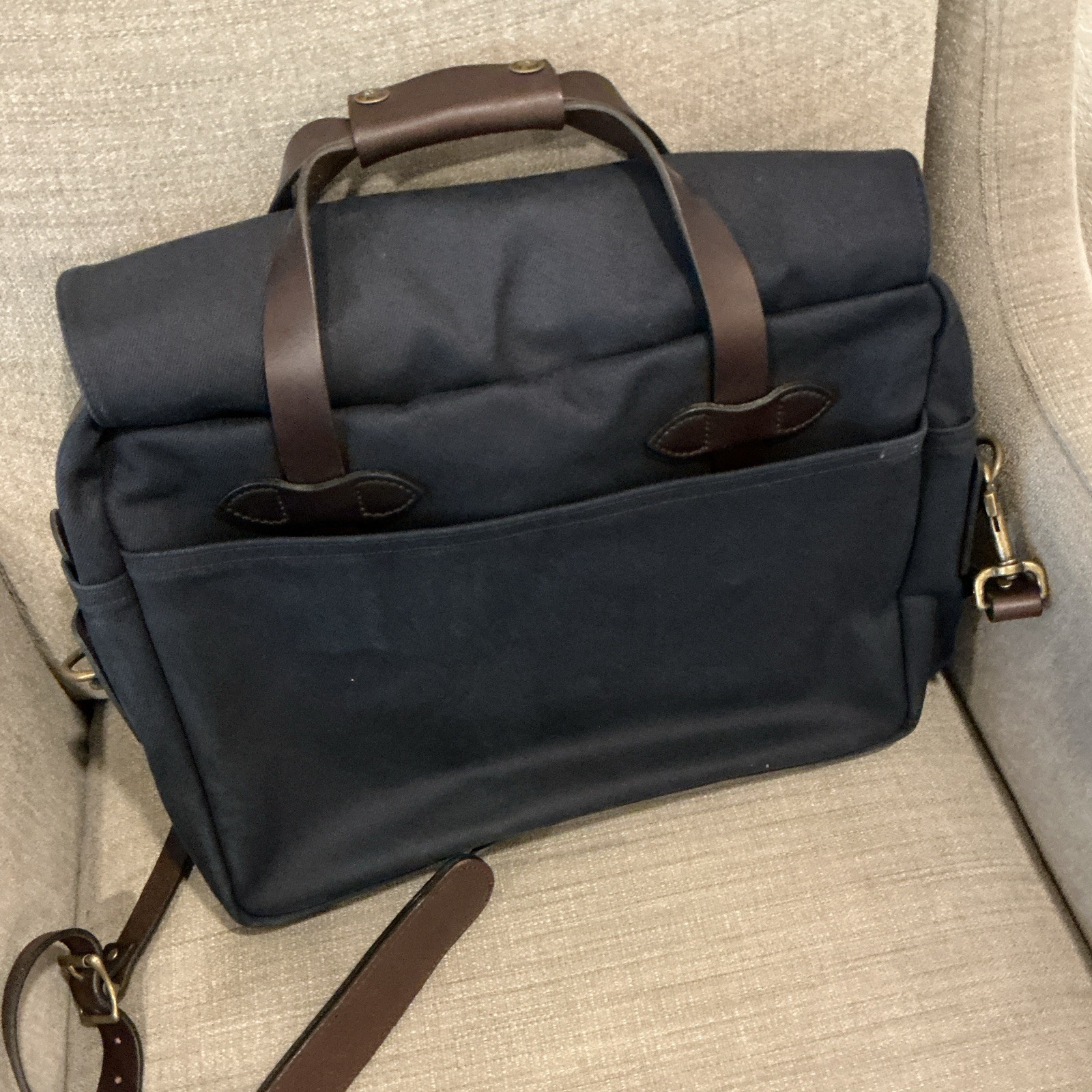 Filson Blue/Brown Briefcase Document Case, Brass Hardware, Adjustable Strap