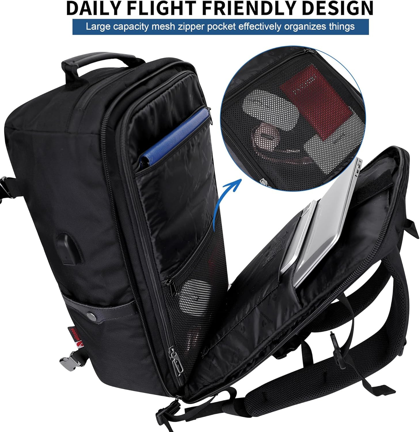 Black Travel Backpack with USB Port – Flight Approved for Laptops