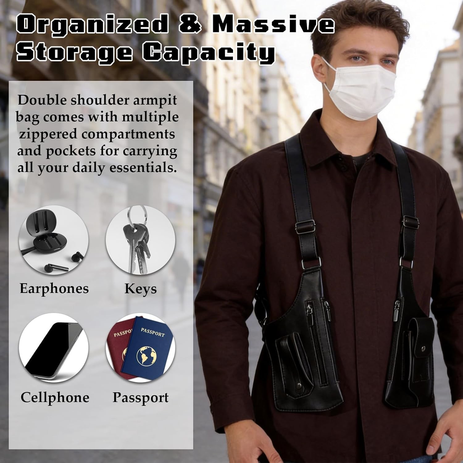 Underarm Shoulder Bag for Men, Leather Double Shoulder Armpit Bag with Adjustabl