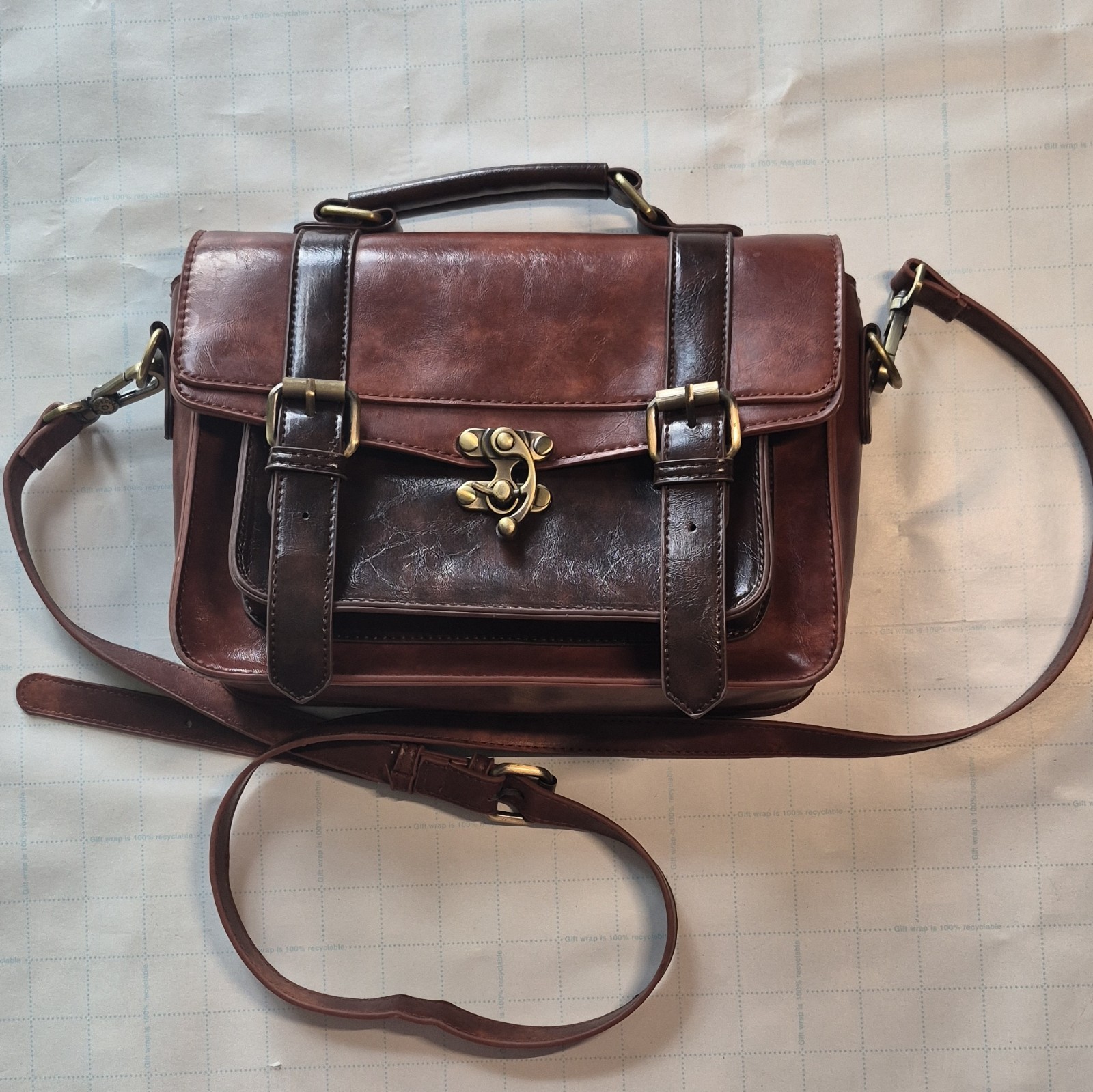 ECOSUSI Brown Messenger Bag Buckle/Zip/Push Lock Adjustable Strap Business