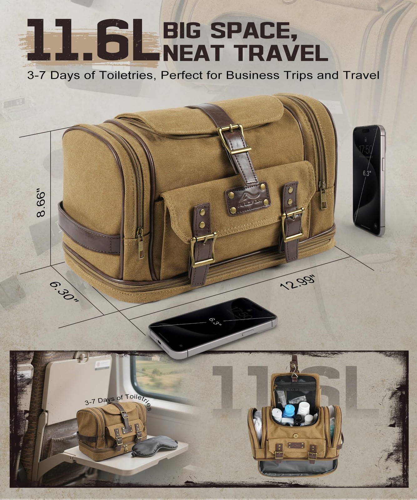 ARCFOX Travel Hanging Toiletry Bag for Men, Vintage Canvas Large brown