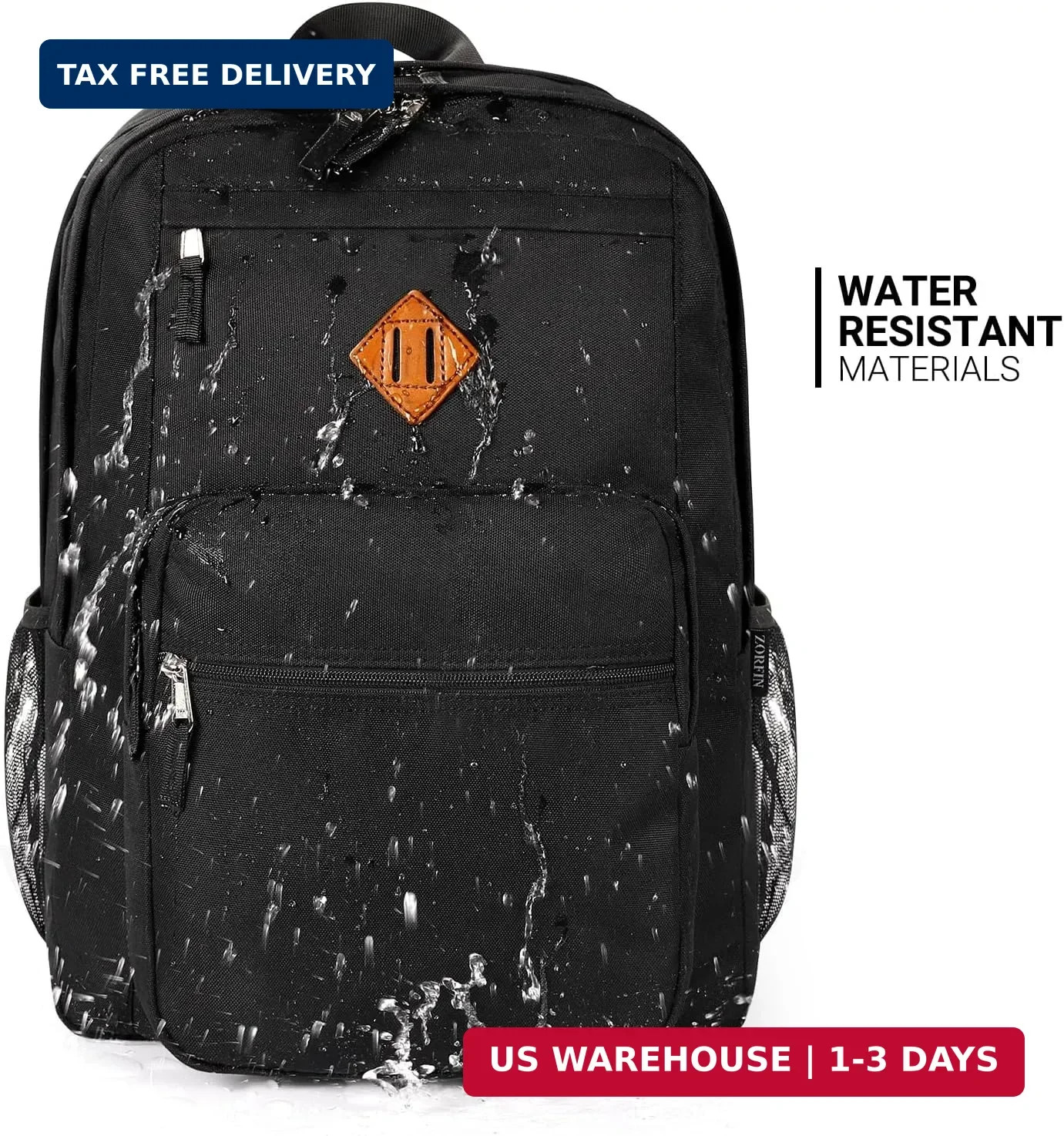 ZORFIN 26L Black Backpack for College, and Travel: Water Resistant Bookbag