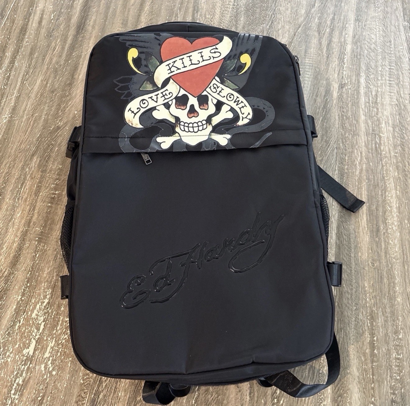 Ed Hardy Black Backpack Skull Graphic Print Zip, Padded Back, Medium