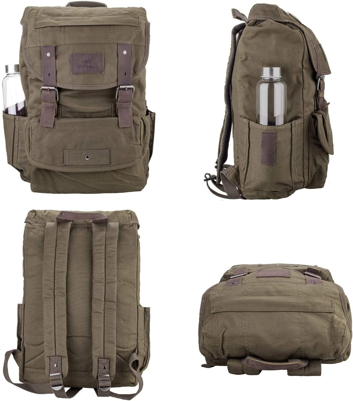 Waterproof Waxed Canvas Backpack for Men Travel Rucksack Leather Trimming (Green
