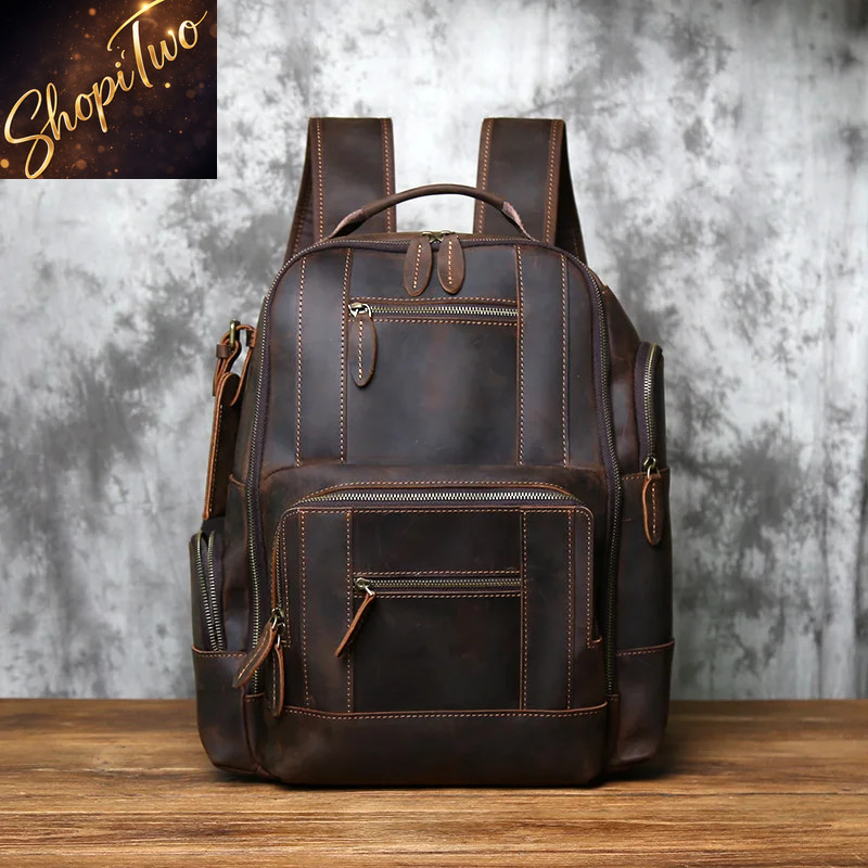 NZPJ Retro Genuine Leather Men Backpack Top Layer Cowhide Rucksack Fashion Man