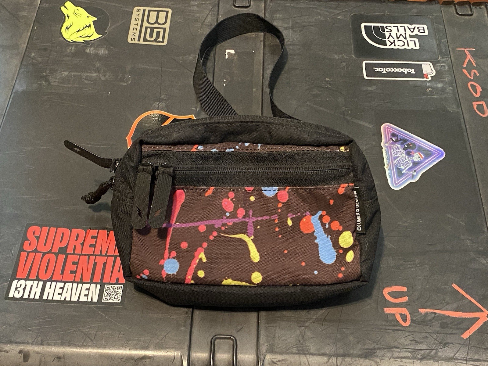 EX UMBRIS DESIGNS Small Crossbody Bag Splatter Black Zip Pockets Adj Strap