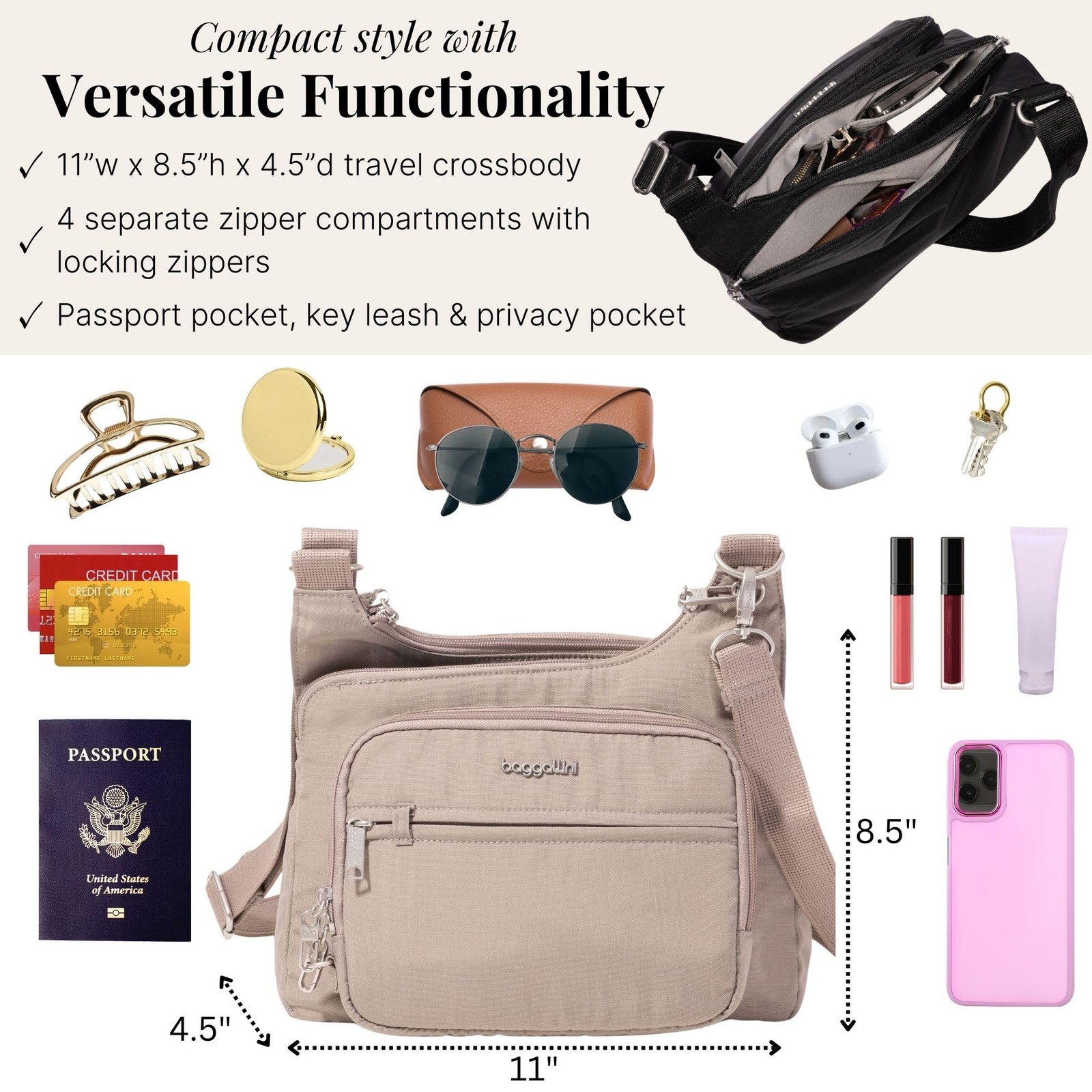 Baggallini Securtex® Anti-Theft Crossover Crossbody Bag One Size, Moonrock