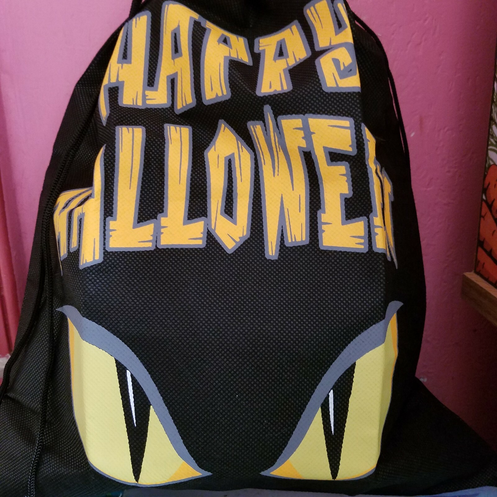 Drawstring Backpack Bag Waterproof Sport School Gym Black Happy Halloween