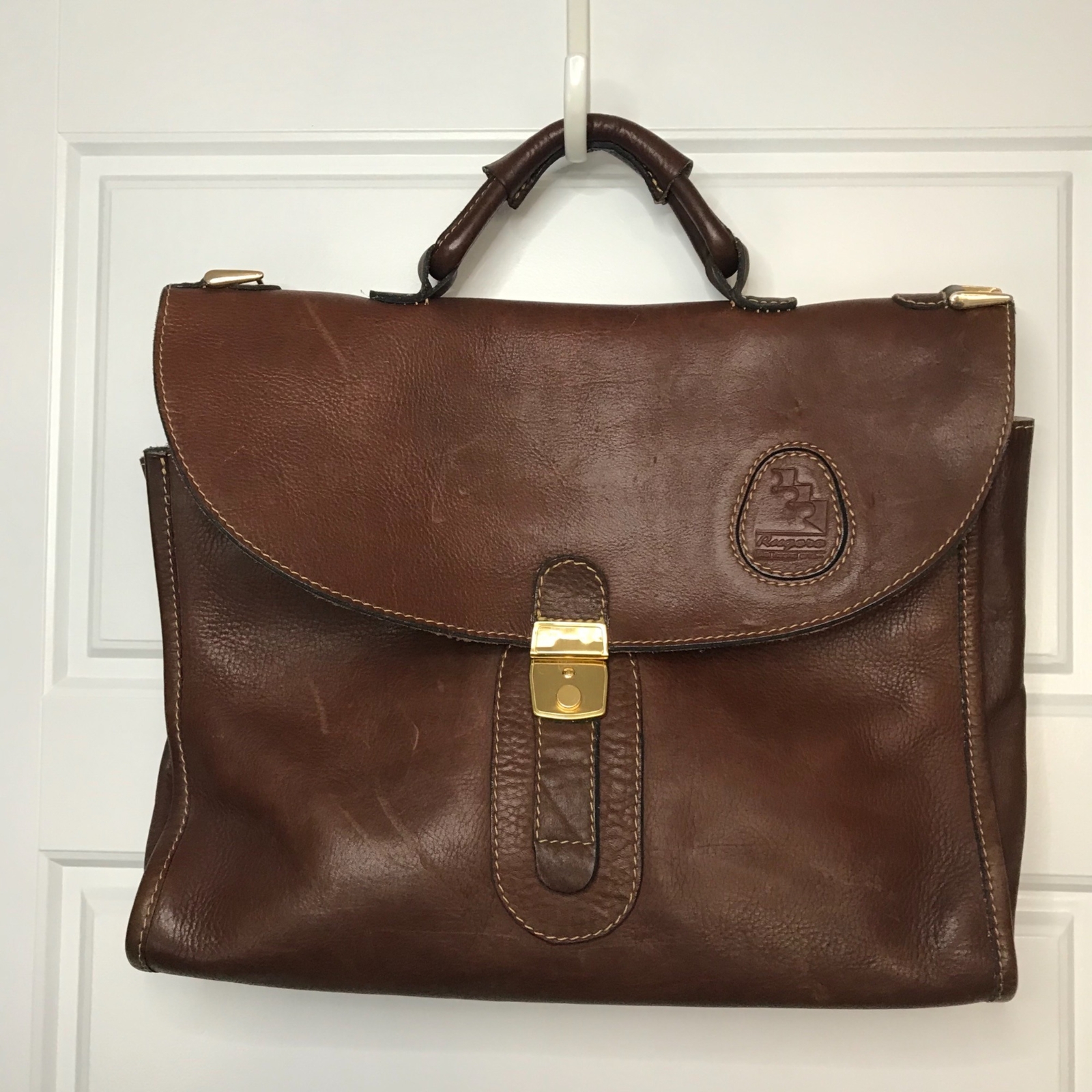 Vintage Rugero Brown Leather Messenger Bag Briefcase Removable Strap Lock & Key