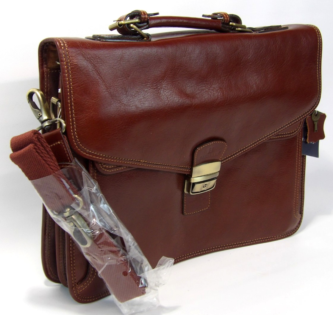 Hexagona Brown Genuine Leather w/ Flap 3 Compartments Shoulder Laptop Bag New!