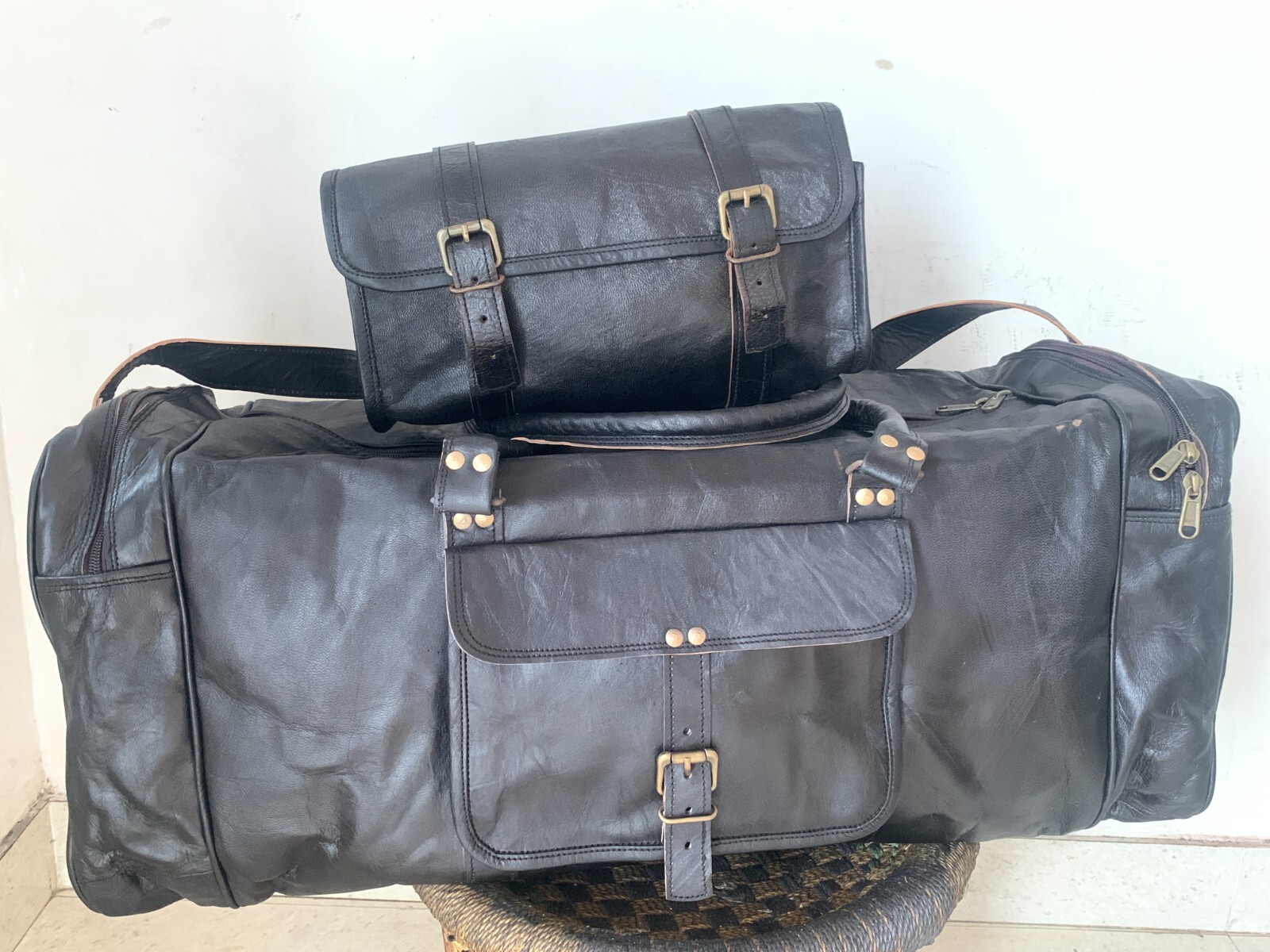 30″ Leather Bag Travel Gym Men Luggage Duffel Black Weekend Free Bike Bag 12″
