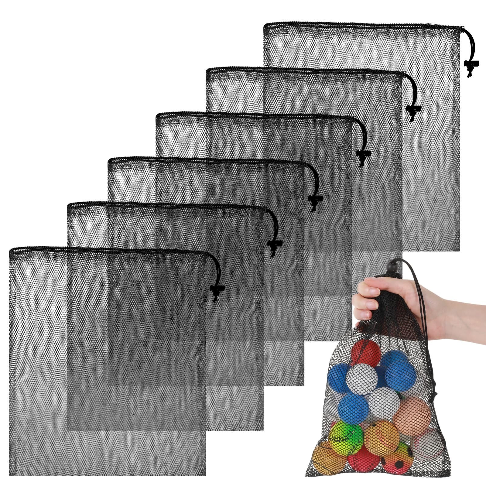 6 Pcs Mesh Drawstring Bags, Large Nylon Net Bag, 35 * 40CM, Black Multipurpos…