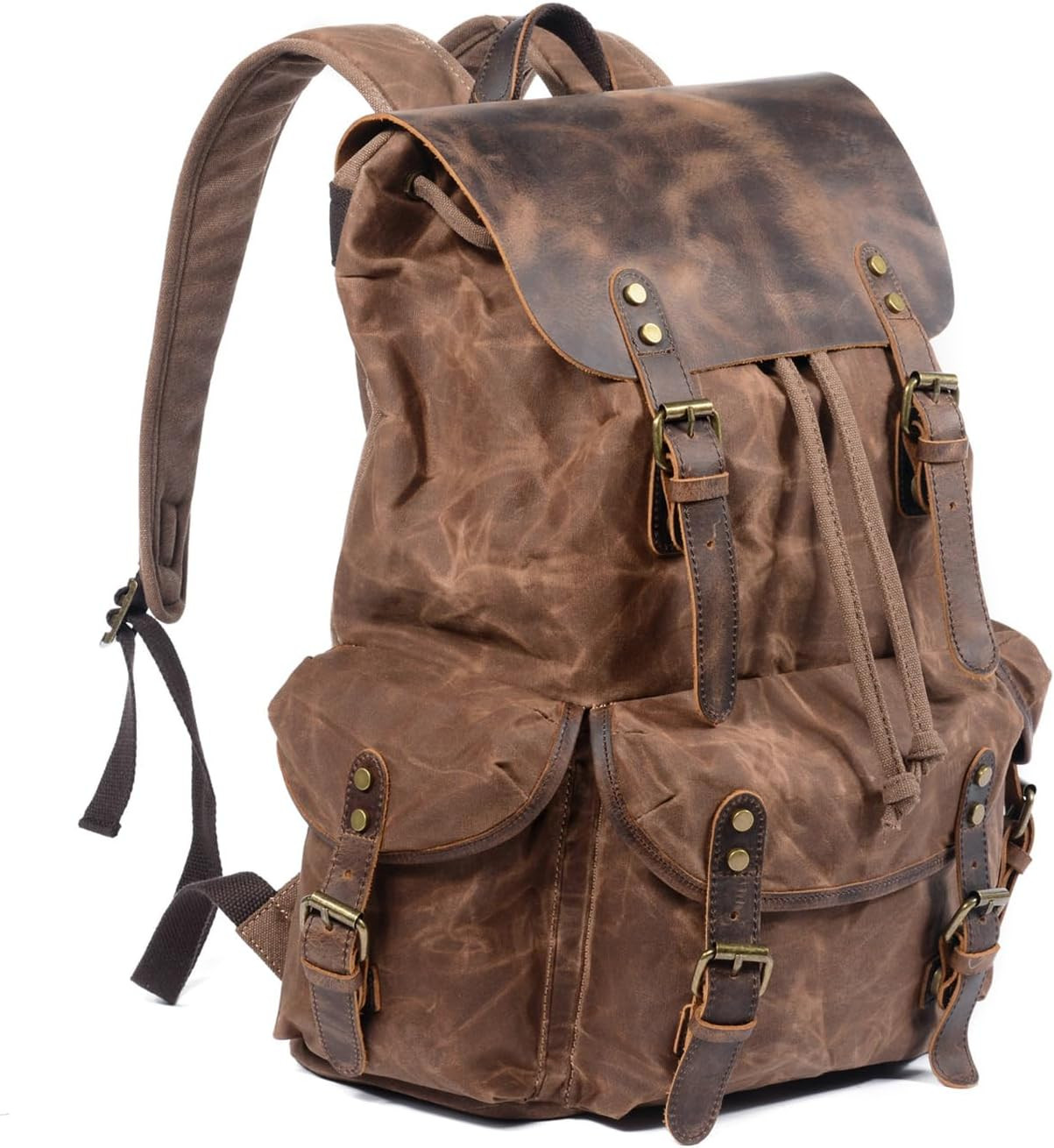 Leather Backpack for Men, Waxed Canvas Shoulder Rucksack Carry-On Travel Backpac
