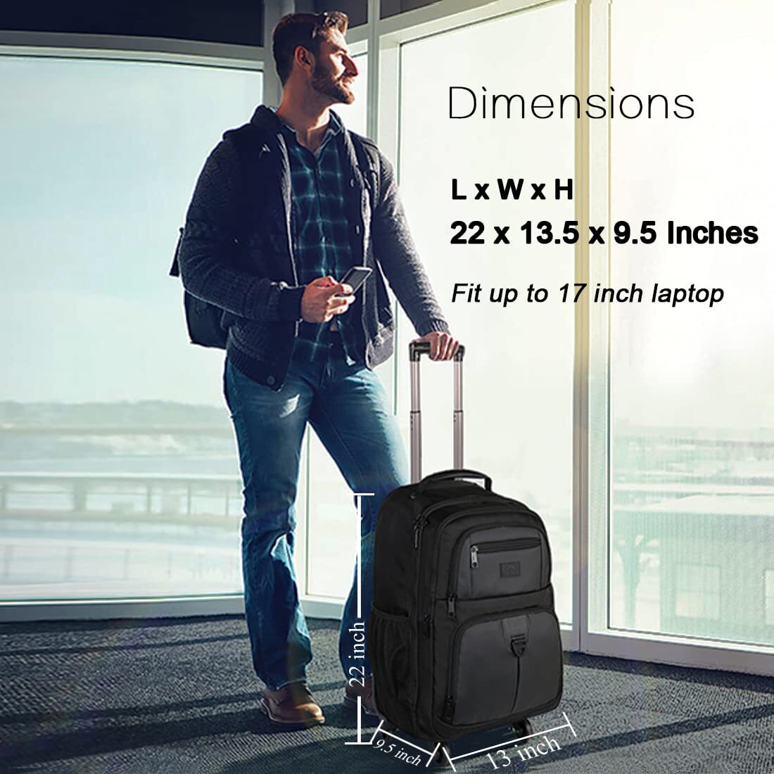 Rolling Backpack for Travel 4 Wheels Laptop Backpack for Women Men Water