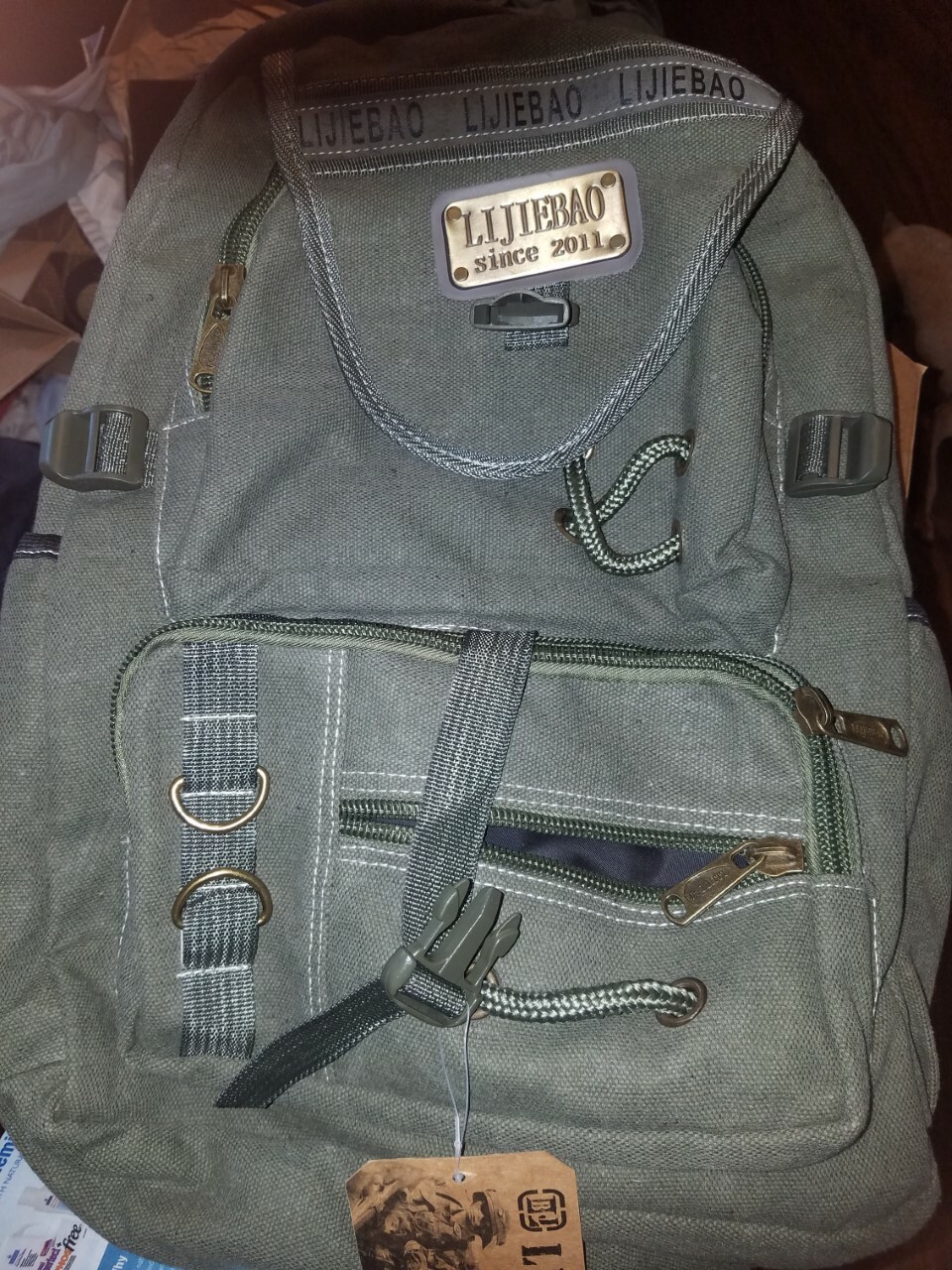 Army Green BJ Lijiebao Since 2011 Backpack Book Bag Thick Cotton Duck Canvas