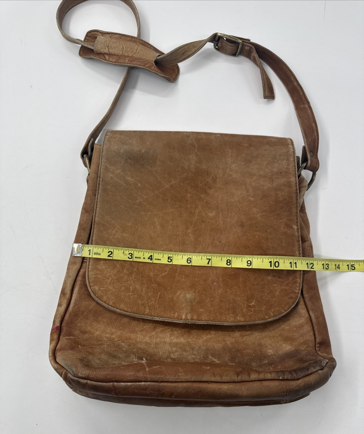 Boulder Ridge Messenger Bag Tan Cowhide Leather Plaid Lined Pockets Distressed