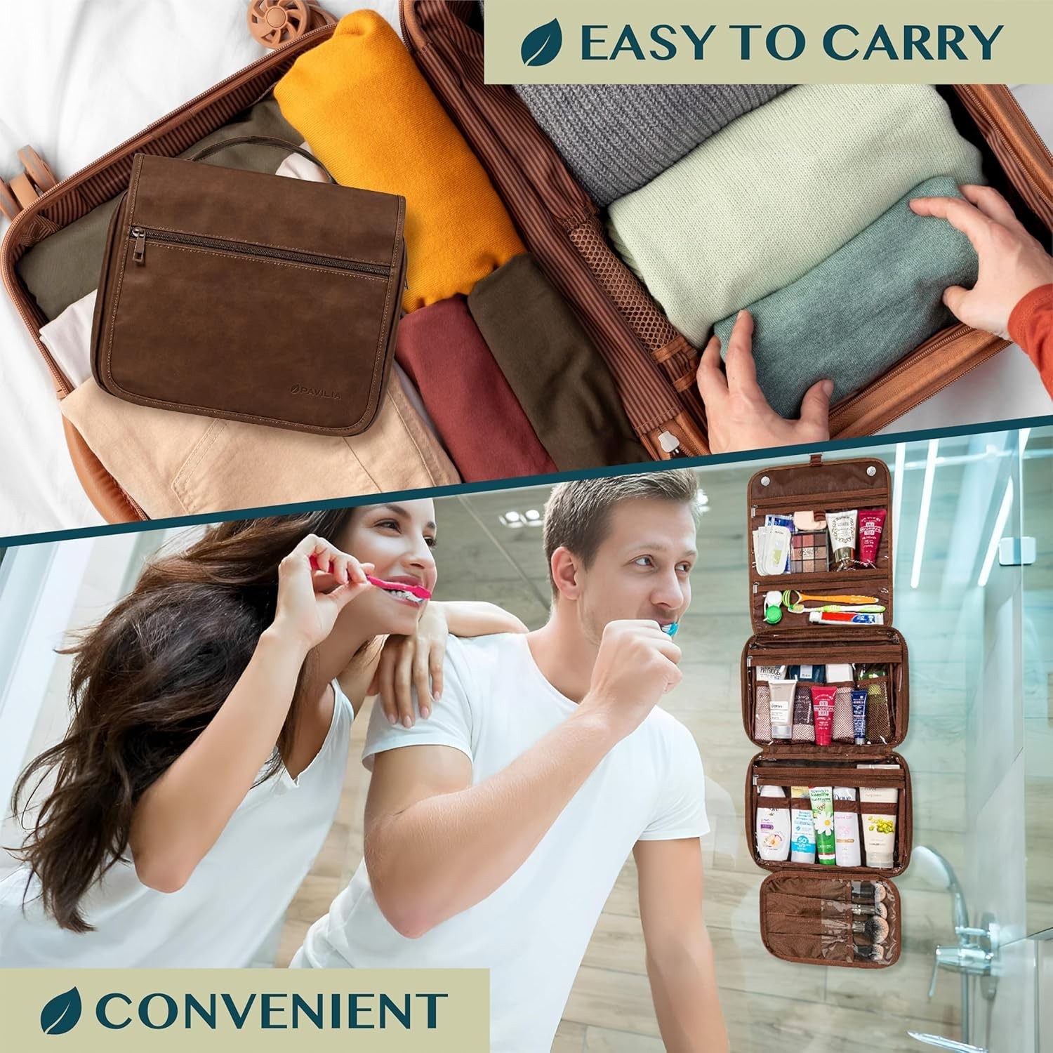 Hanging Leather Toiletry Bag Men’s Shaving Dopp Kit for Travel Bathroom Shower