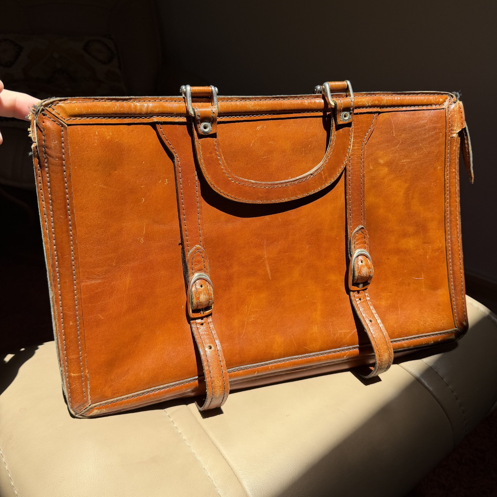 1930s Leather Briefcase Satchel Bag Brown Double Strap Messenger MacBook Pro VTG