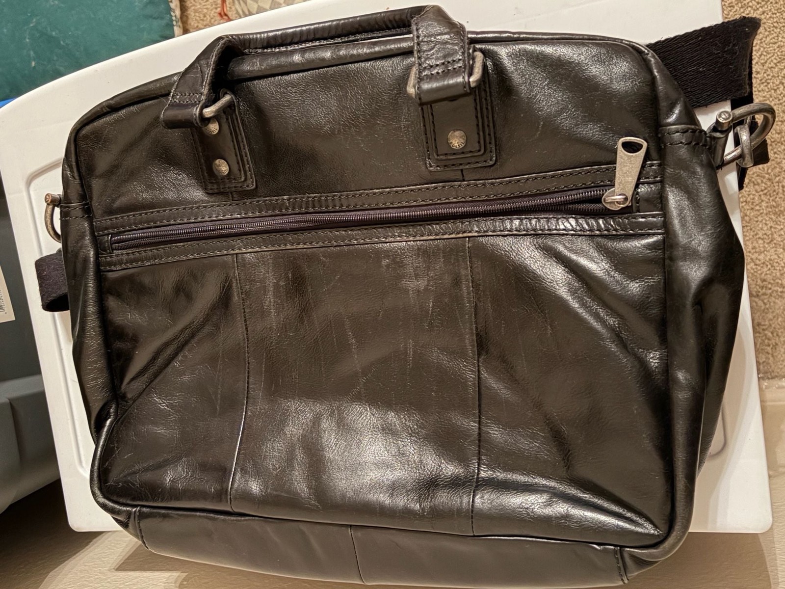 Fossil Vintage Black Leather Multi-Pocket Work Briefcase Messenger Bag