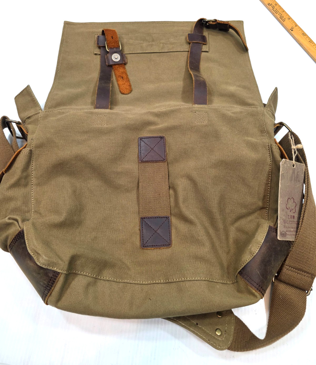 SC COTTON Canvas Messenger Shoulder Bag w Leather Straps Olive Green