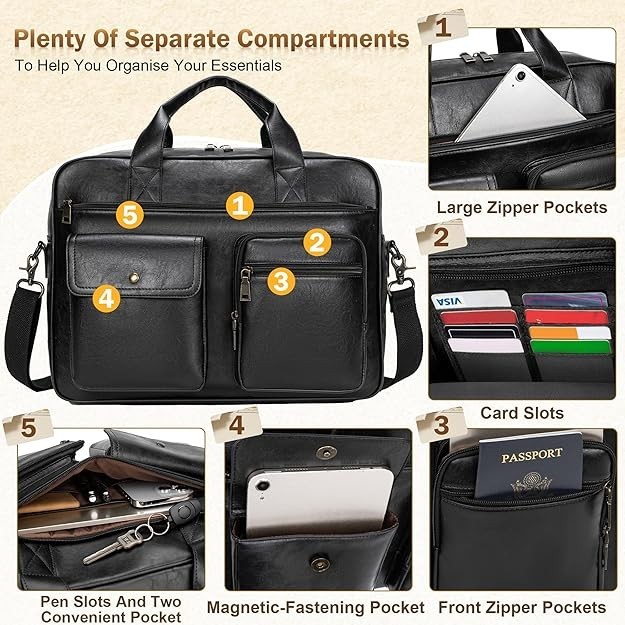 Leather Briefcase Men 15.6″ Laptop Bag Messenger Business Work Tote Waterproof