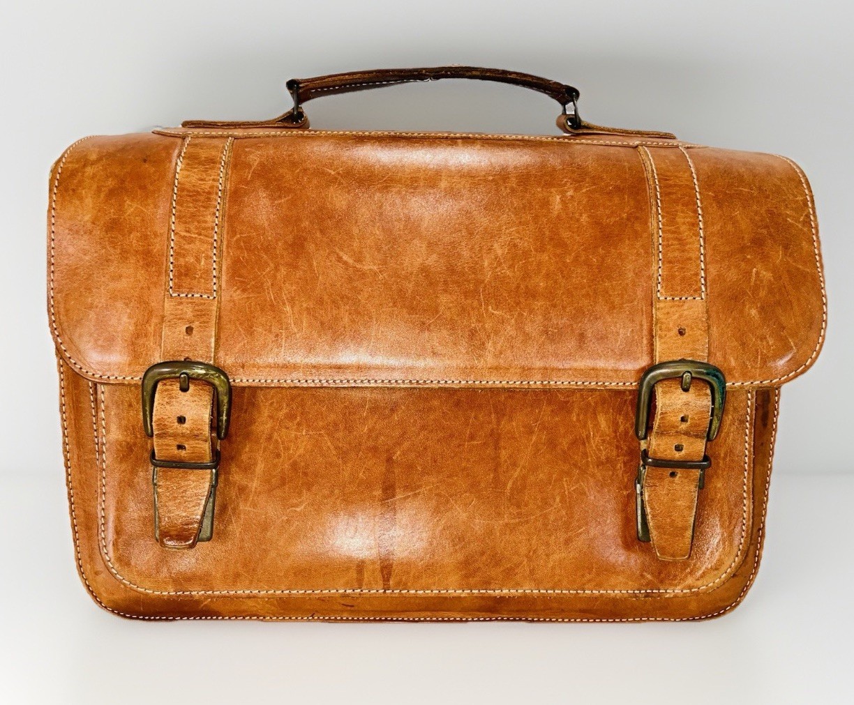 VTG Cognac Leather Briefcase/Laptop Bag w/5 Pockets By Naturally Yours-Greece