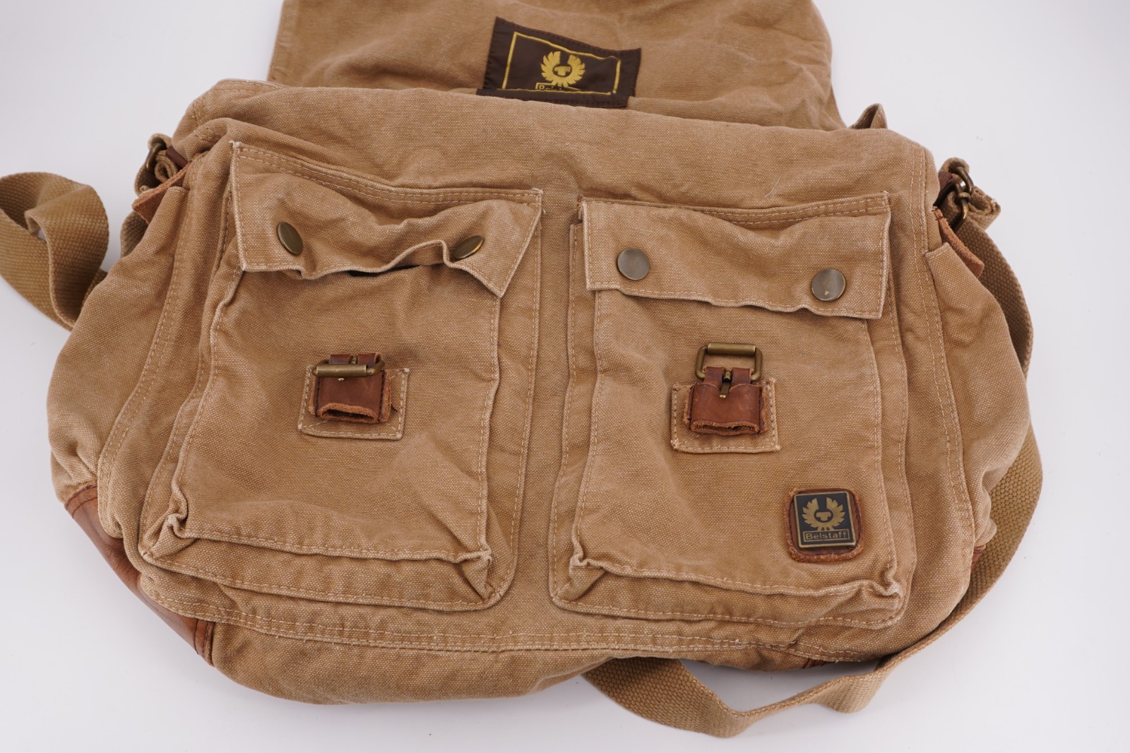 $845 | BELSTAFF COLONIAL COTTON TWILL LEATHER MESSENGER SATCHEL MOUNTAIN TAN