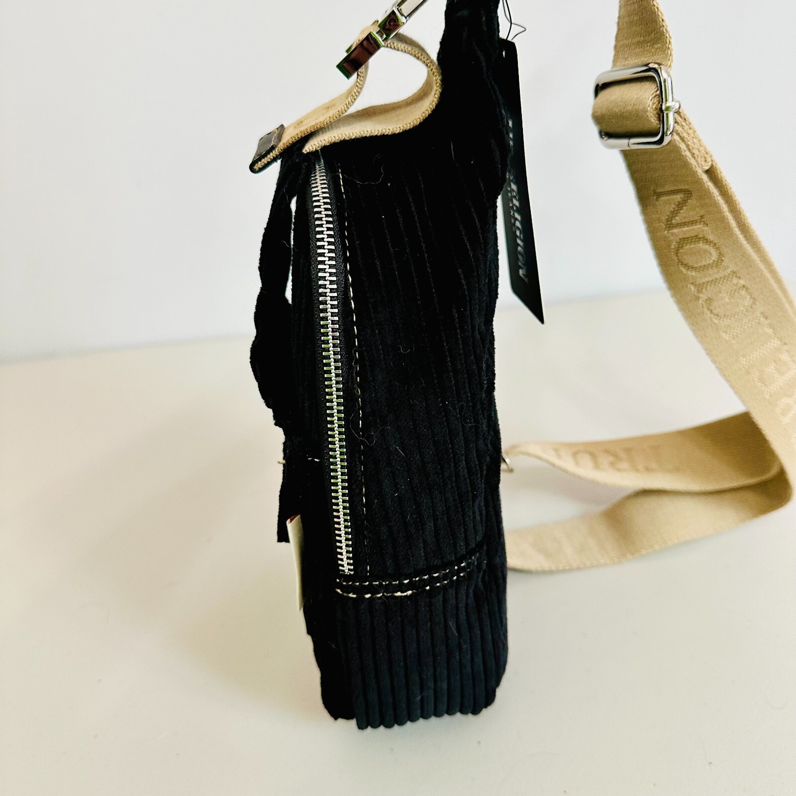 TRUE RELIGION CORDUROY SOFT SLING BACKPACK BAG BLACK WITH CONTRAST TRIM UNISEX