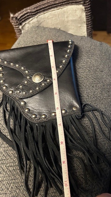 COOL black motorcycle leather belt loop side bag studs 6.5″x7″ + 4″ fringe