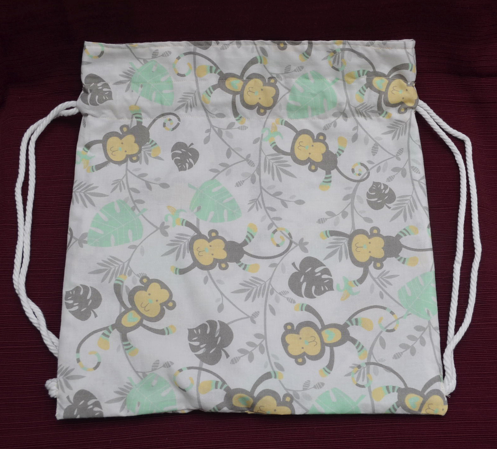 HANDMADE Monkey Business DRAWSTRING BACKPACK Unisex Child’s Cotton Hand Crafted!