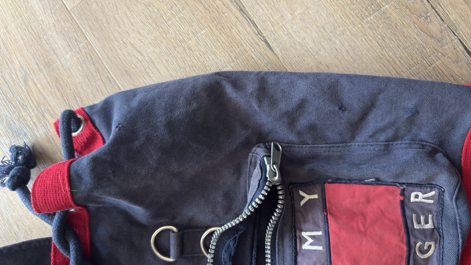 Tommy Hilfiger Colorblock Drawstring Backpack Navy/Red/White Zip Pocket