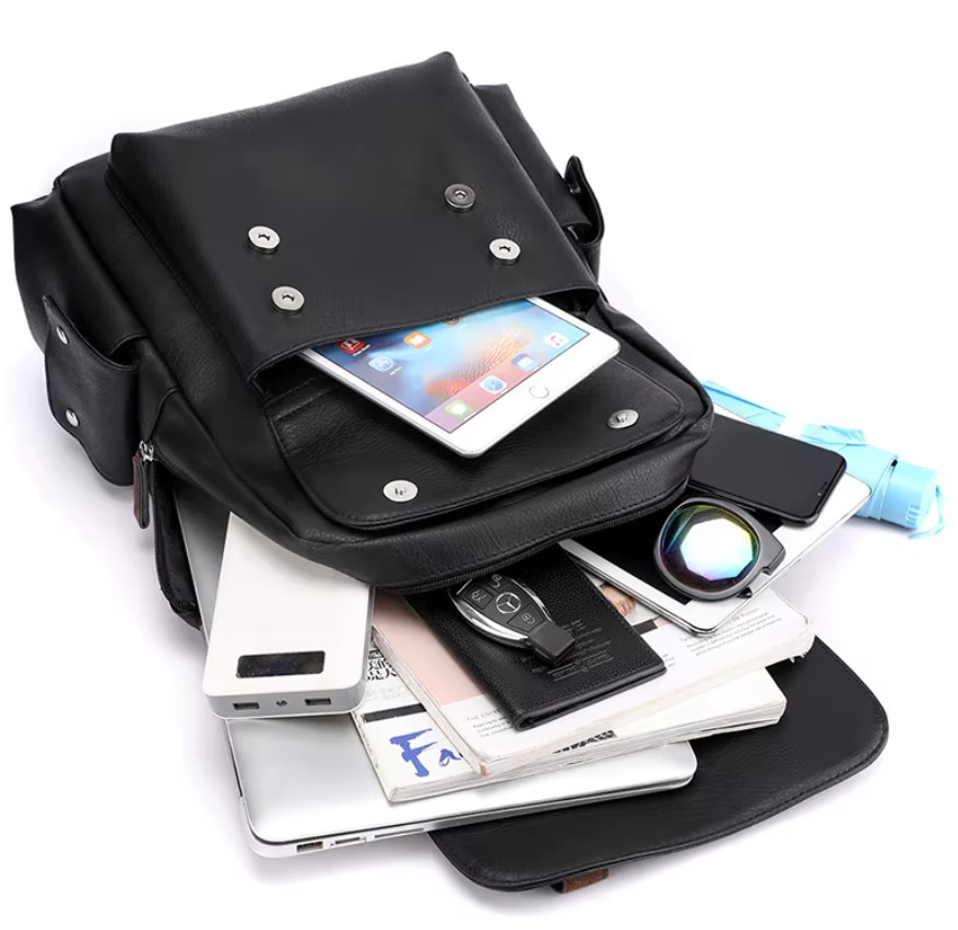 Waterproof PU Leather Backpack 14 Inches Large Capacity Work Travel Black