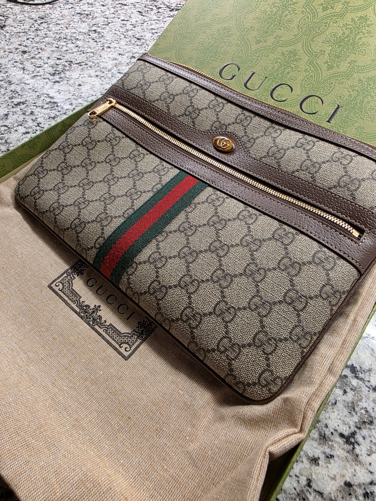 Gucci GG Supreme Web Monogram Clutch Pouch Bag Brown Canvas Leather – Excellent
