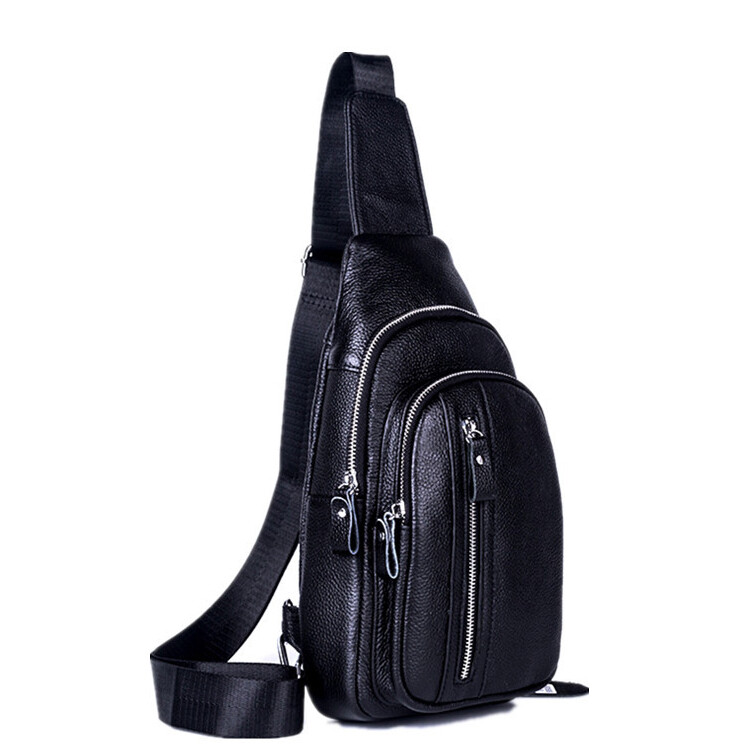 Genuine Leather Sling Backpack, Black Men‘s Crossbody Chest Bag Causal Daypack