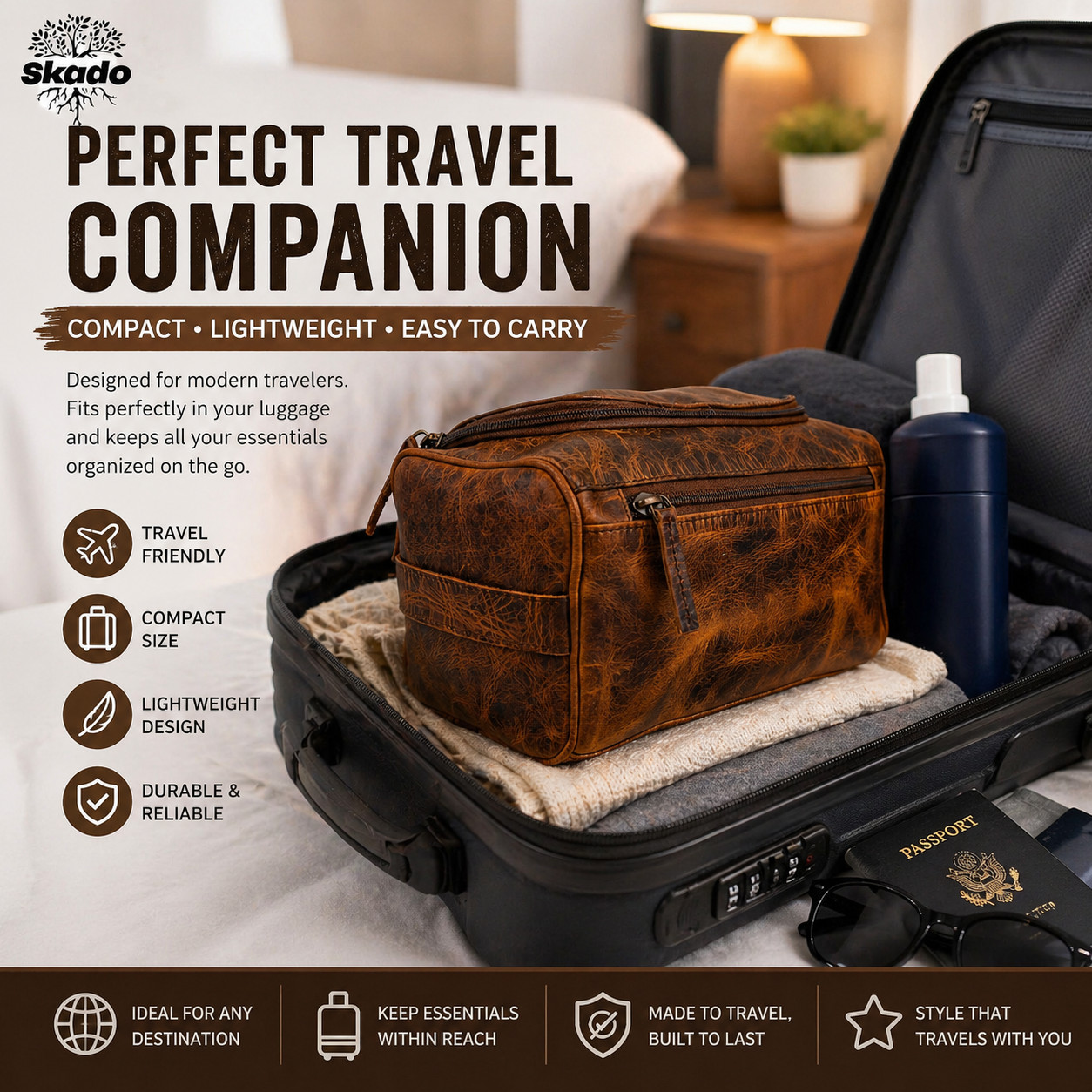 Buffalo Leather Toiletry Bag Travel Hanging Dopp Kit Shaving Makeup Case Unisex