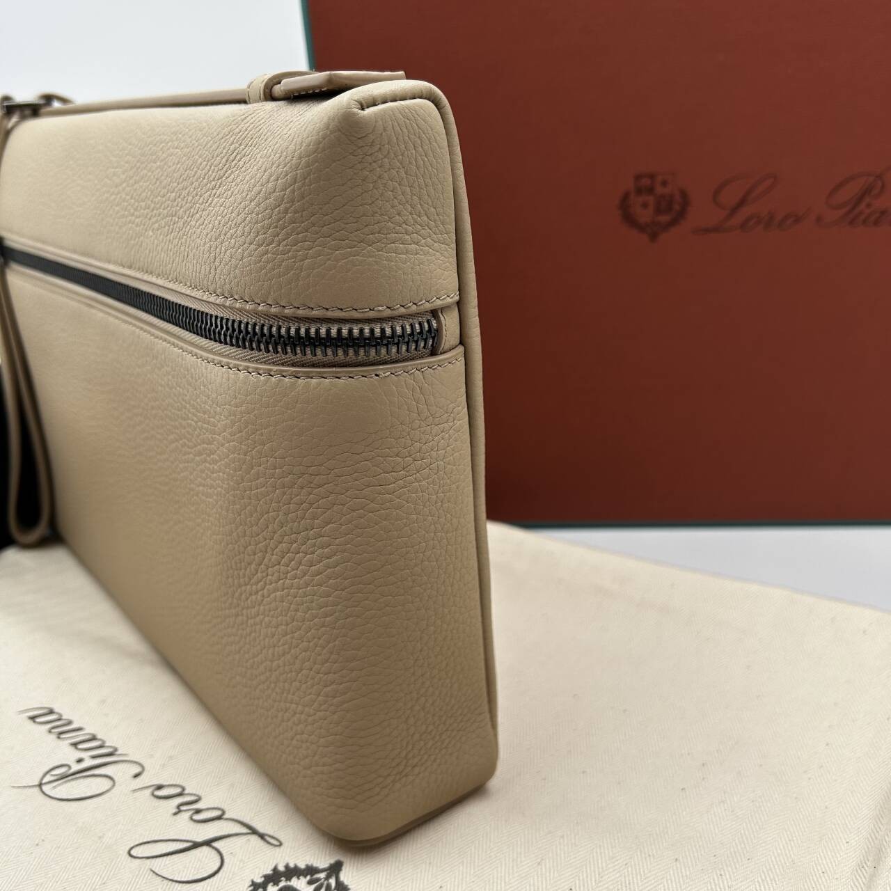 Loro Piana Extra Pouch L29 Grained Calfskin Warm Mastic Onyx Clutch Wristlet Bag