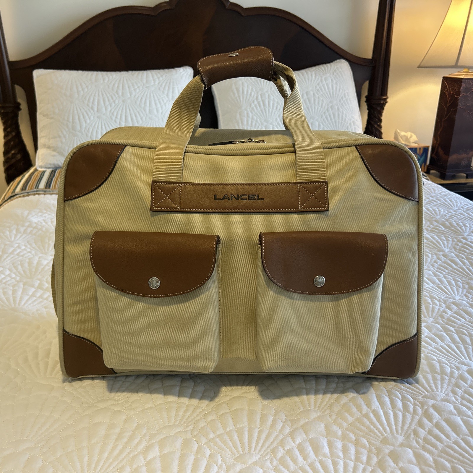 Lancel Paris Canvas Leather Weekend Carry-on Duffel Brown Tan Beige Luggage Exc