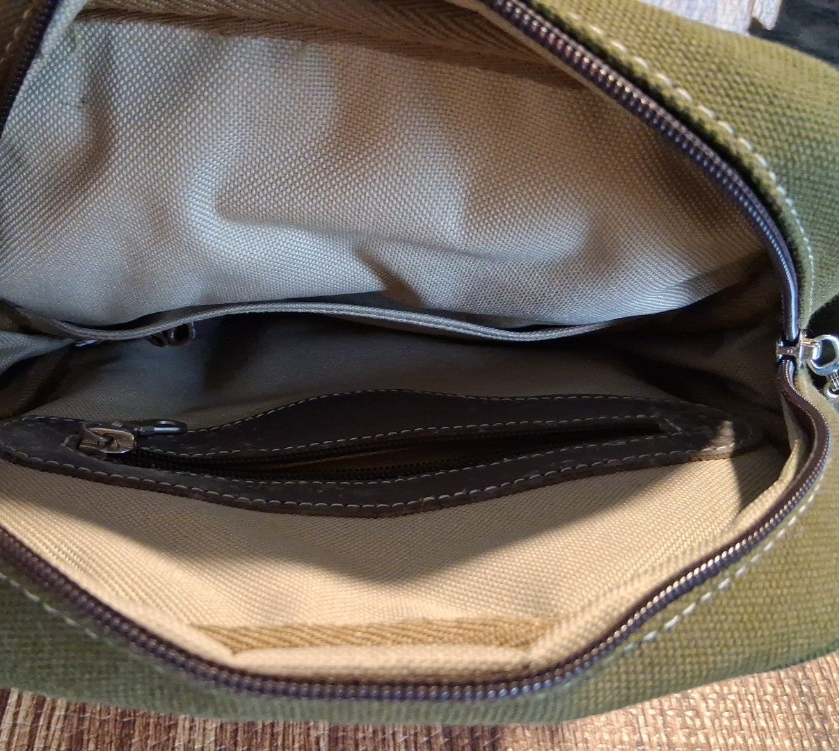 &BEYOND Bag Notebook Leather Cotton Canvas Green Brown Leather Strap Travel