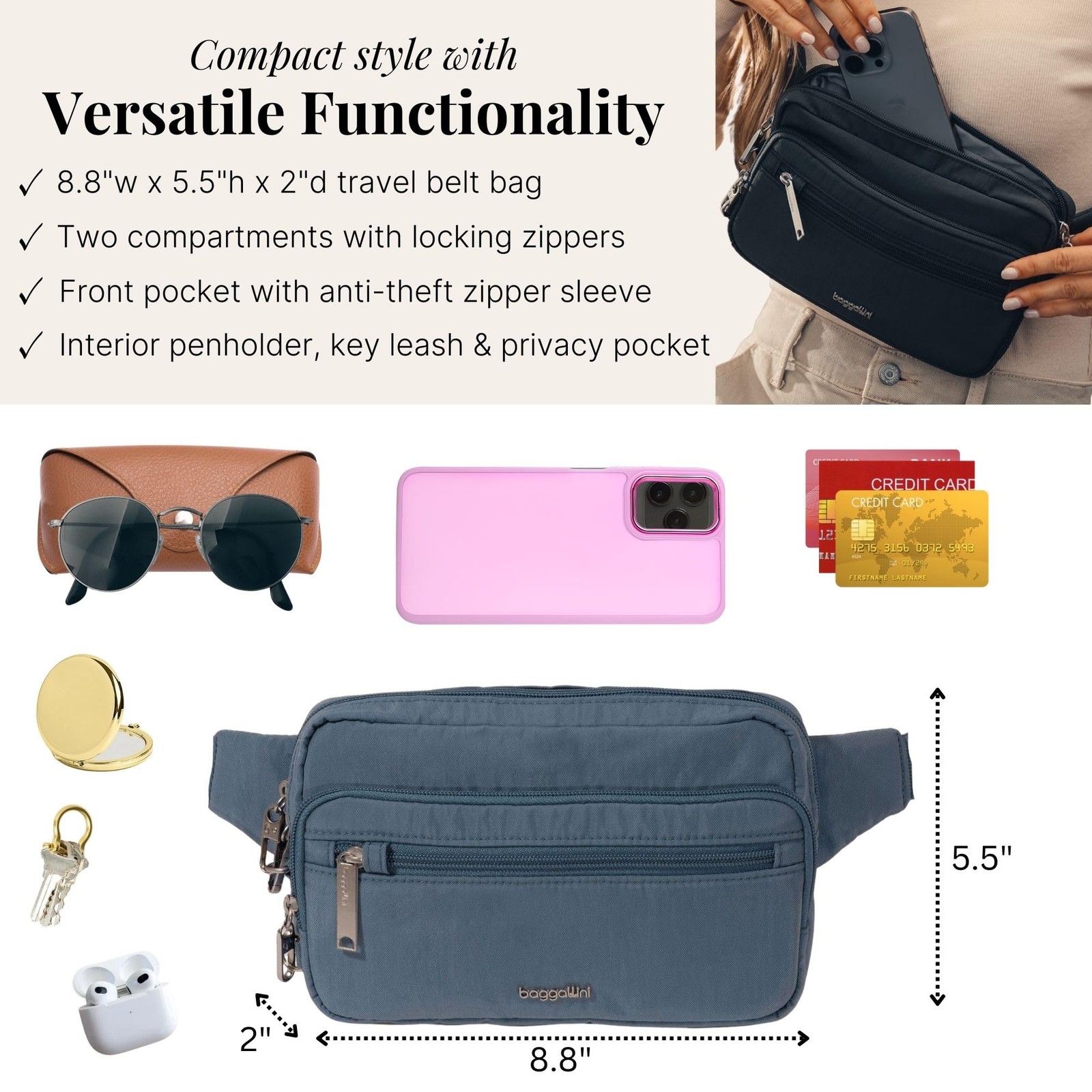 Baggallini Securtex Anti-theft Belt Bag 8.8″x5.5″ Crossbody One Size, Mist