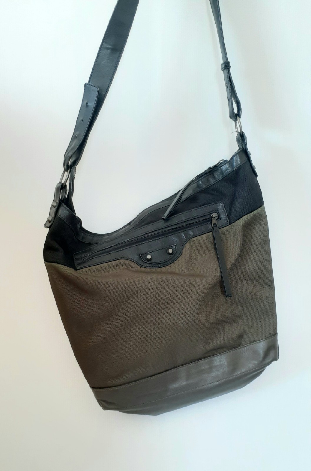 Balenciaga Olive Green Cross Body Canva Bag. long Black Leather Strap. Useful.