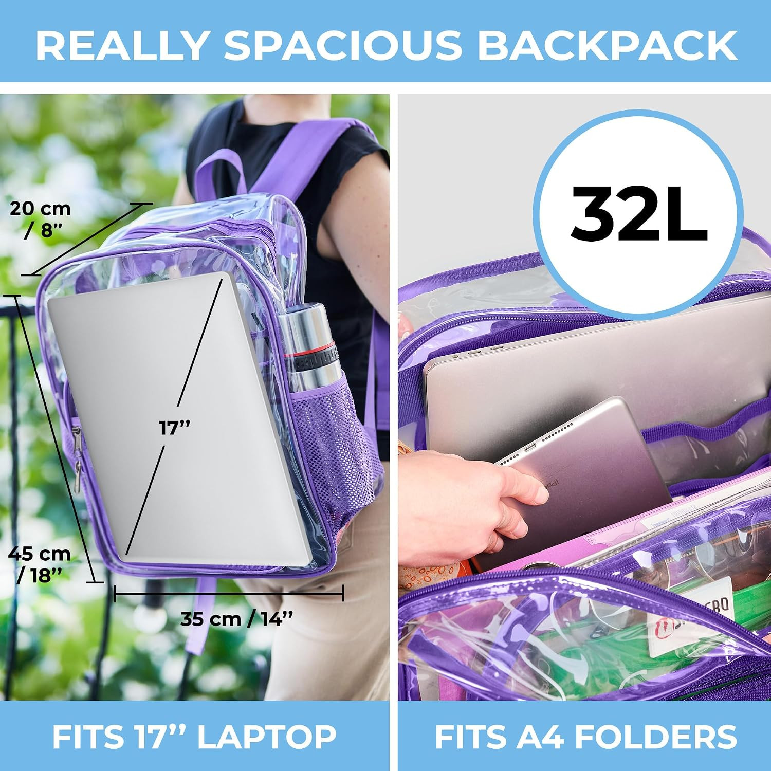 Clear Backpack Heavy Duty XL – H18”Xw14”Xd8. Has TSA Lock – Purple | PVC Trans