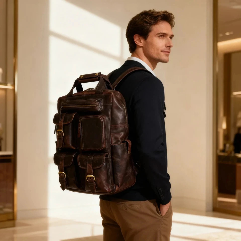 Professional Brown Leather Messenger Backpack Distressed Business Travel Rucksac