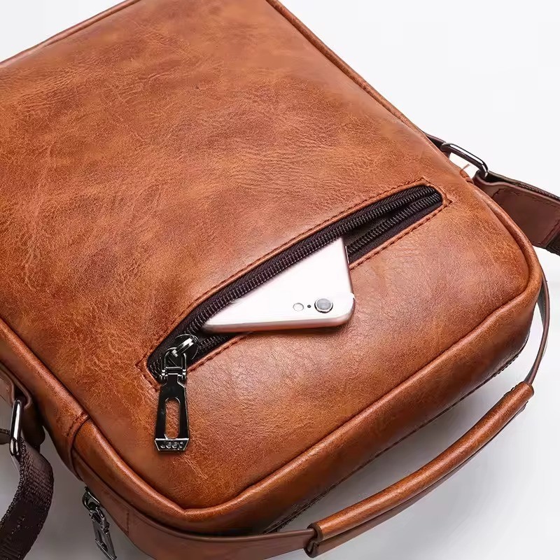 Crossbody PU Leather Waterproof Business Men Shoulder bag KHAKI