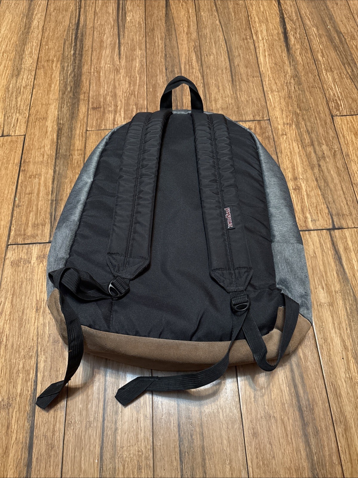 JanSport Backpack Cool Student Laptop Gray Faux Brown Leather Bottom