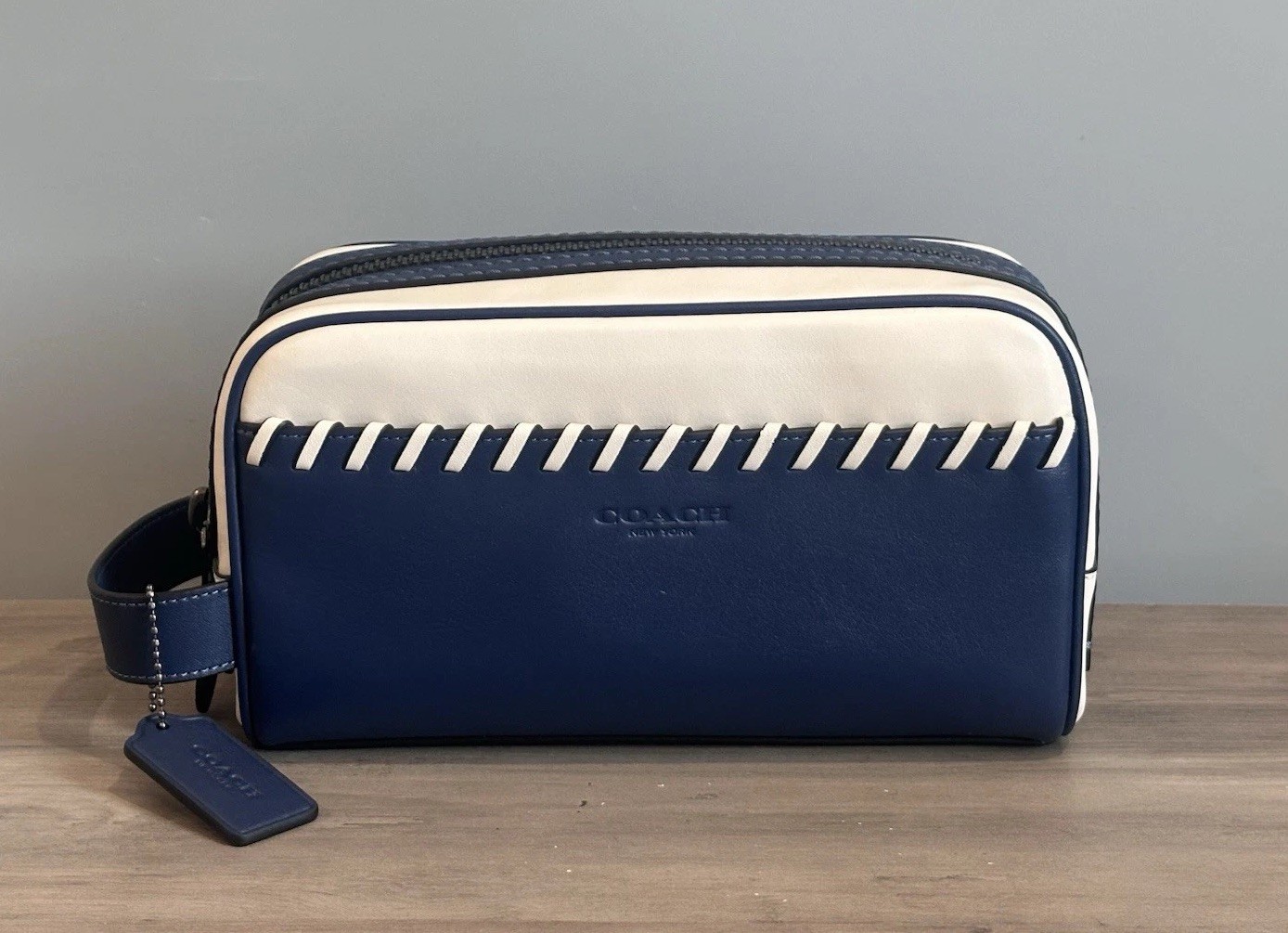 COACH Small Travel Kit With Whipstitch CAX53 Smooth Leather Deep Blue/Chalk NWT