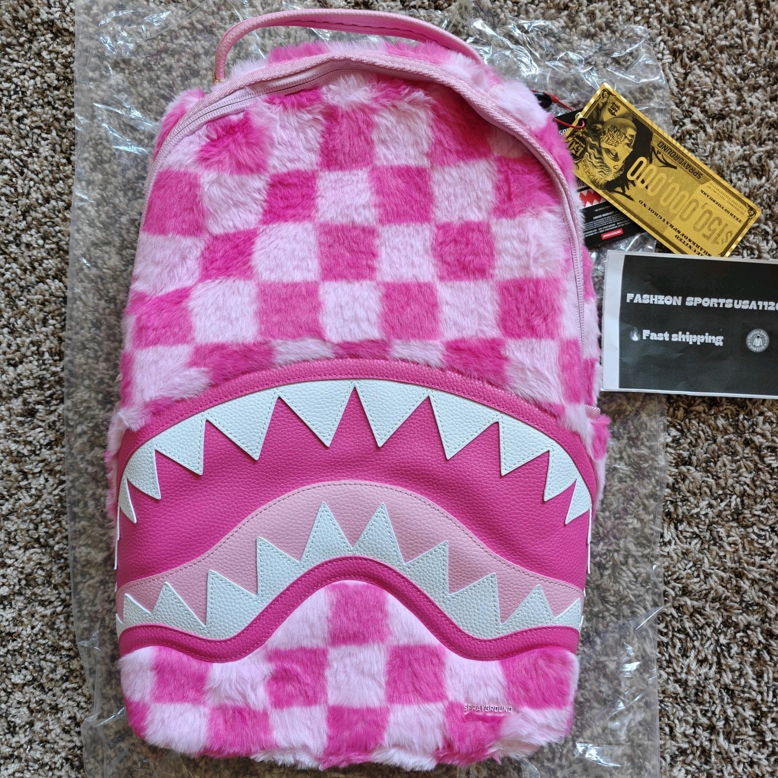 Sprayground Pink Furry Check Backpack🔥New Black Bookbag Large School Bag