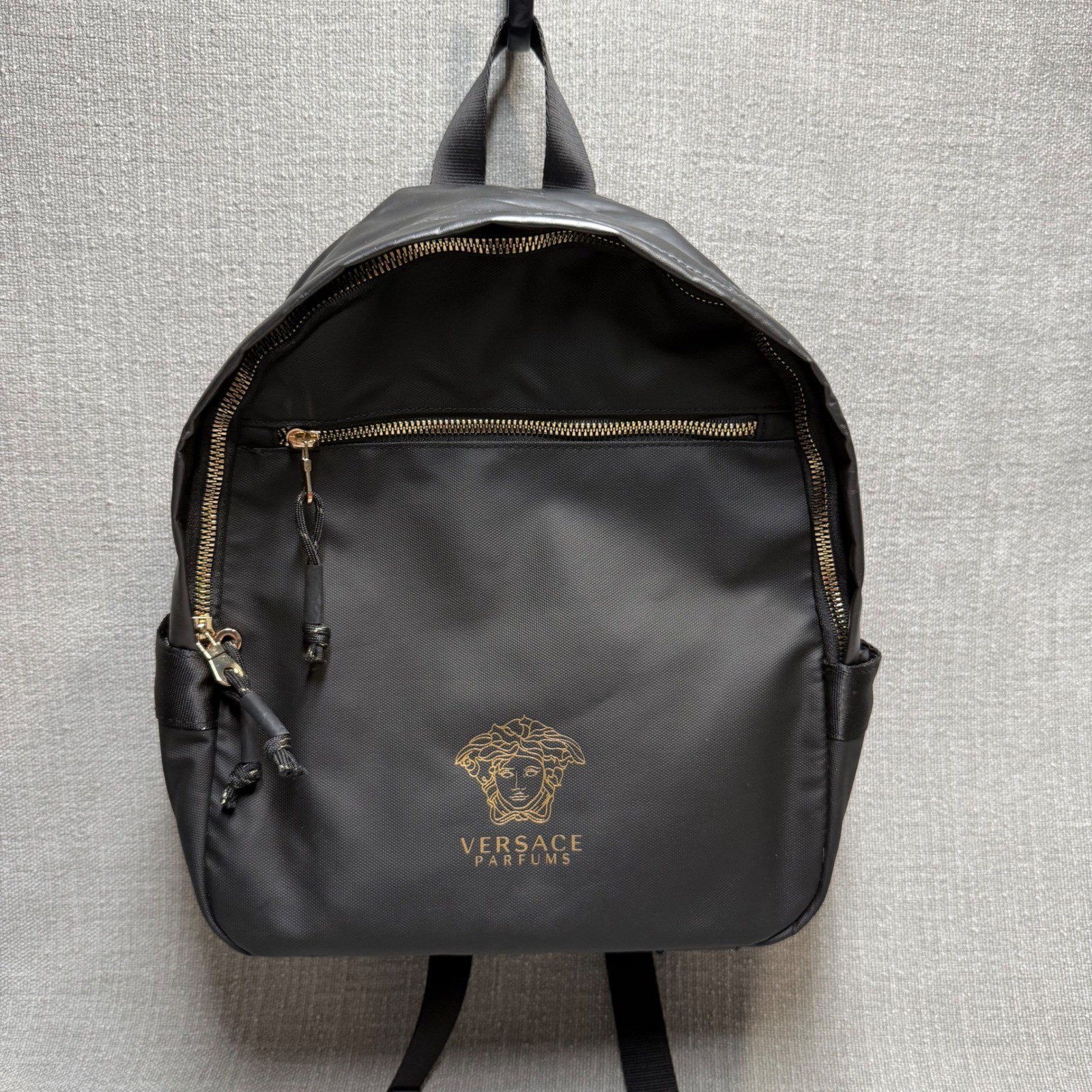 Versace Parfums Black Gold Medusa Logo Backpack Travel Bag Greca Key Straps OS